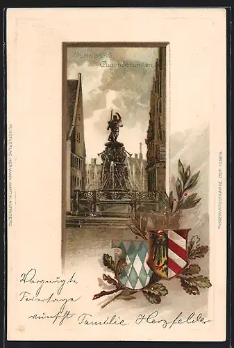 Passepartout-Lithographie Nürnberg, Tugendbrunnen, Wappen