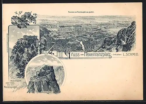 Lithographie Thale, Gasthof auf dem Hexentanzplatz, Bismarck-Felsen