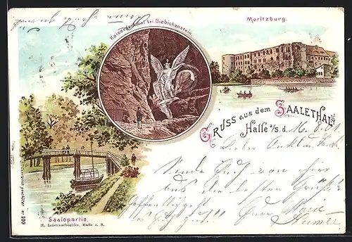 Lithographie Halle a. S., Moritzburg, Kaiserdenkmal bei Giebichenstein, Saalepartie