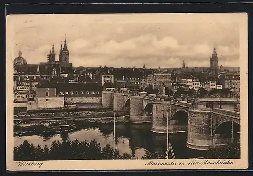 AK Würzburg, Mainpartie mit alter Mainbrücke