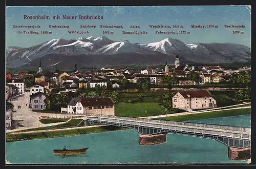 AK Rosenheim, Ortsansicht mit Innbrücke und Alpenpanorama