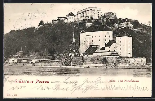 AK Passau, Ober und Niederhaus mit Brücke