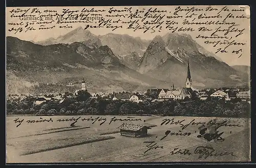 AK Garmisch, Ortsansicht mit Alp- und Zugspitze