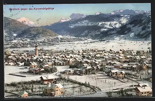 AK Garmisch, Ortspanorama gegen Karwendelgebirge