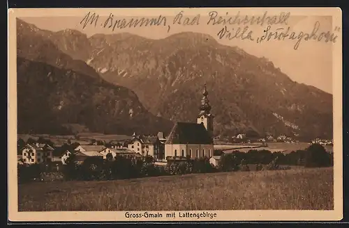 AK Gross-Gmain, Ortsansicht mit Kirche und Lattengebirge