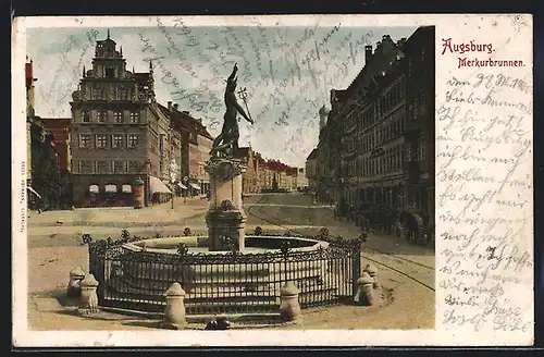 AK Augsburg, Merkurbrunnen und Pferdekutschen