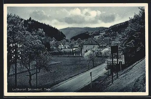 AK Sitzendorf /Thüringen, Ortsansicht mit Wohnhäusern und Feld