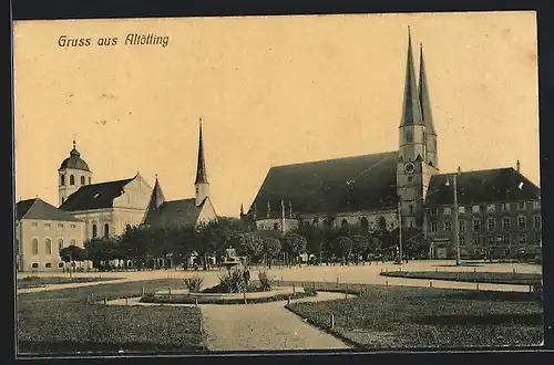 AK Altötting, Kirche mit Gartenanlage