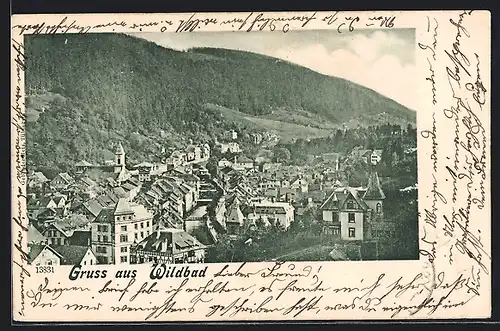 AK Wildbad, Ortsansicht mit Bergen und Wohnhäusern