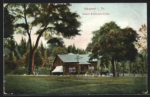 AK Oberhof i. Th., Gasthaus Obere Schweizerhütte mit Pferdekutsche