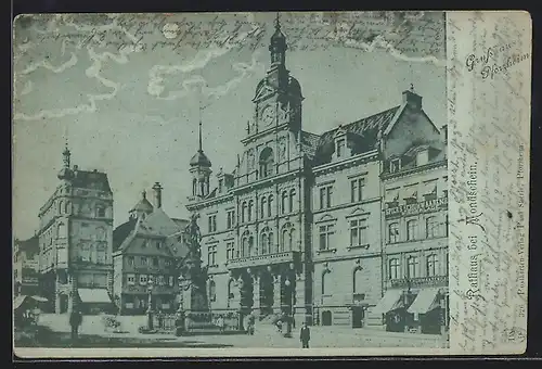 Mondschein-AK Pforzheim, Rathaus mit Vorplatz