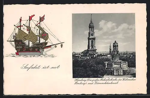 AK Hamburg-St.Pauli, grosse Michaelskirche und Bismarckdenkmal
