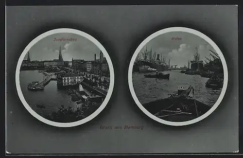 AK Hamburg, Jungfernstieg und Hafen mit Dampfern