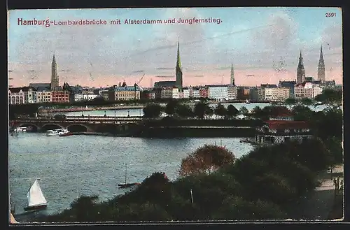 AK Hamburg, Lombardsbrücke mit Alsterdamm und Jungfernstieg