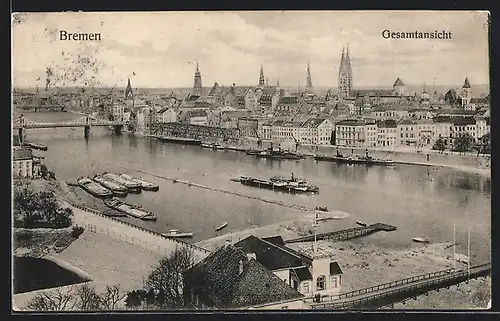 AK Bremen, Ortsansicht mit Weser und Schiffen aus der Vogelschau