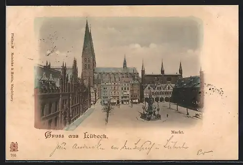 AK Lübeck, Marktplatz mit Springbrunnen