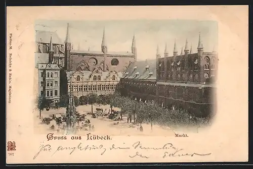 AK Lübeck, Marktplatz mit Rathaus und Springbrunnen