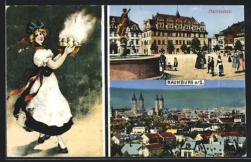 AK Naumburg a. S., Marktplatz und Frau in Tracht