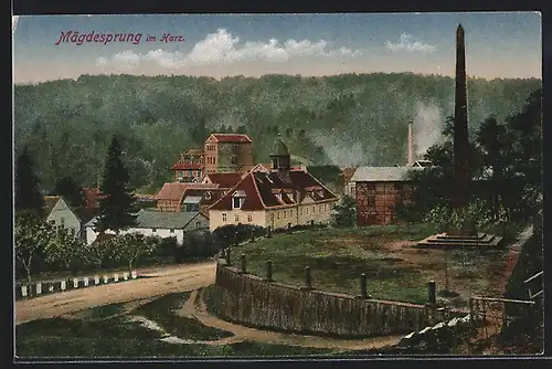 AK Mägdesprung im Harz, Ortsansicht mit Obelisk