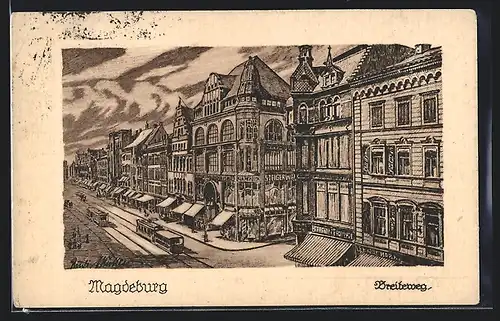 Künstler-AK Magdeburg, Breiteweg mit Strassenbahn