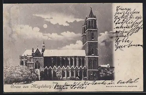 Mondschein-AK Magdeburg, Dom bei Nacht