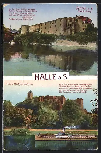 AK Halle /Saale, Moritzburg, Ruine Giebichenstein und Dampfer