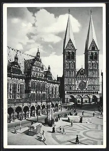 AK Bremen, Marktplatz mit Kirche und Rathaus
