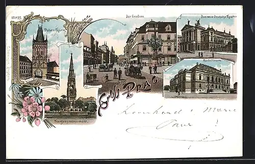 Lithographie Prag / Praha, Graben, Rudolfinum, Franzensmonument, Puverturm