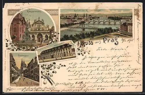 Lithographie Prag / Praha, Mostecka Ulice, Valdstynuv palac., Pohled od Rudolvych sadu
