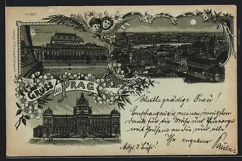 Mondschein-Lithographie Prag / Praha, Böhmisches National-Theater, Museum des Königreich Böhmen, Ortsansicht