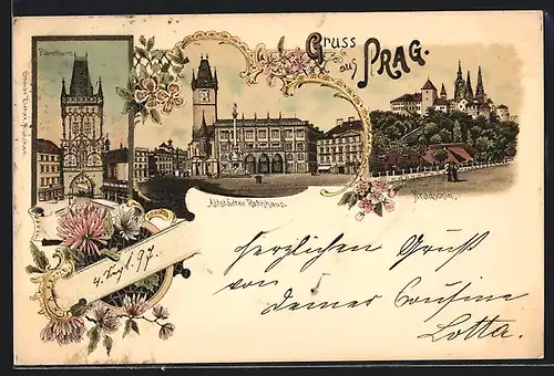 Lithographie Prag / Praha, Altstädter Rathaus, Pulverturm, Hradschin