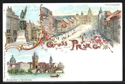 Lithographie Prag / Praha, Wenzelsplatz, Brückentor & Radetzki Denkmal