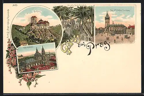 Lithographie Prag / Praha, Altstädter Rathaus, Karlstein, St. Nicolaskirche