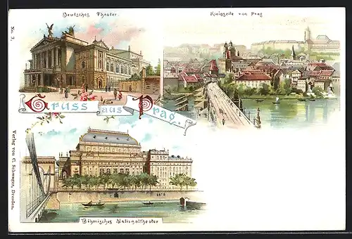 Lithographie Prag / Praha, Deutsches Theater, Böhmisches Nationaltheater, Kleinseite
