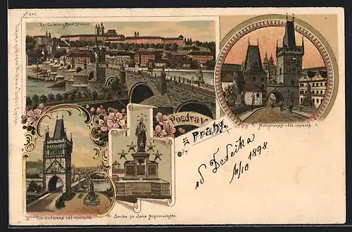 Lithographie Prag / Praha, Karluv most a Malá Strana, Malostranské veze mostecke, Socha sv. Jana Nepomuckého...