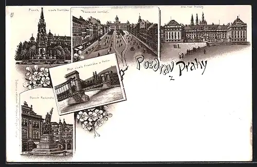 Lithographie Prag / Praha, Franzens-Monument, Wenzelsplatz, Franzensbrücke m. Laurenzberg, Radetzky-Denkmal