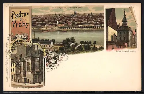 Lithographie Prag, Teilansicht, Kirche, Strassenpartie mit Gebäudeansicht