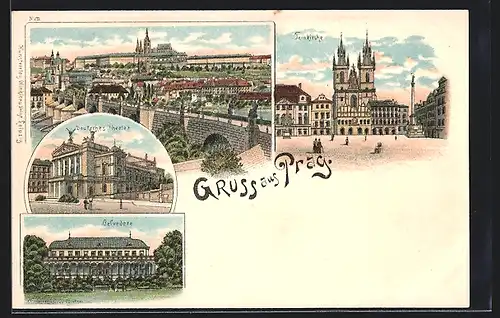 Lithographie Prag / Praha, Deutsches Theater, Belvedere, Teinkirche