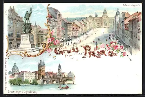 Lithographie Prag / Praha, Wenzelsplatz, Brückentor & Radetzki Denkmal