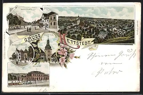 Lithographie Hettstedt, Bahnhof, Kaiserliches Postamt, Saiger-Tor