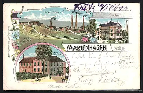 Lithographie Marienhagen b. Banten, Gasthof Wilhelm Fedder, Villa Rogge, Kalkwerke Fr. Rogge & Co.
