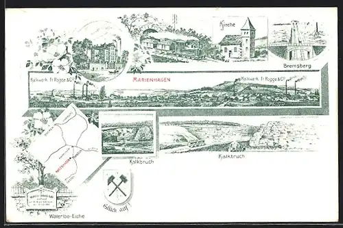 Lithographie Marienhagen, Kalkwerk Fr. Rogge & Co., Kalkbruch, Landkarte mit Hannover, Banteln und Hamburg