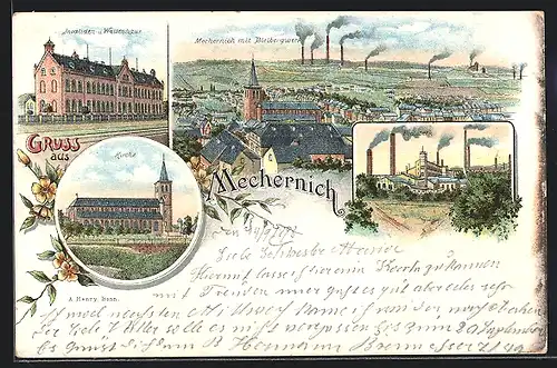 Lithographie Mechernich, Invaliden- & Waisenhaus, Kirche, Pochwerk, Ortsansicht mit Bleibergwerk