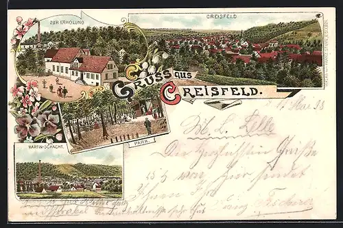 Lithographie Creisfeld, Martinschacht, Gasthof Zur Erholung, Parkansicht, Totale