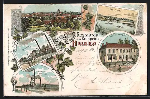Lithographie Helbra, Kochhütte, Hohenthal-Schacht, Gasthof z. Kronprinz, Bad-Anna