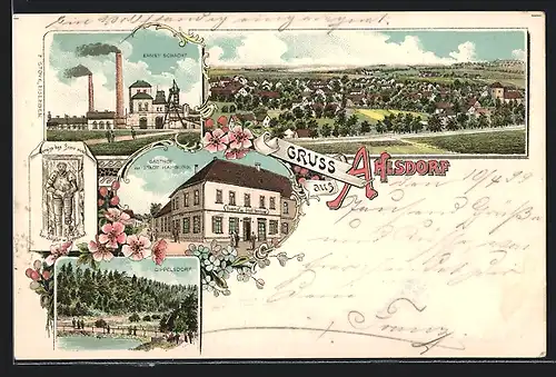 Lithographie Ahlsdorf, Gasthof Zur Stadt Hamburg, Ernst-Schacht, Der Schäfer von Dippelsdorf, Gesamtansicht