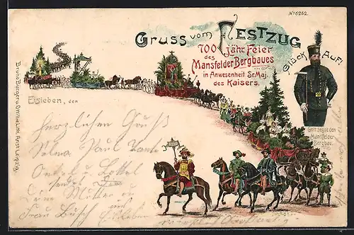 Lithographie Eisleben, Festzug z. 700 jähr. Feier des Mansfelder Bergbaues, Bergmann