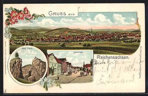 Lithographie Reichensachsen, Landstrasse, Blaue Kuppe, Totalansicht