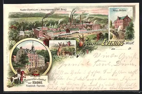 Lithographie Eveking i. Westf., Kupfer-Aluminium & Messingwerke Carl Berg, Gasthof zur Krone v. Friedrich Franke