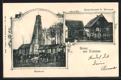 AK Evensen, Gasthaus Fr. Wehrstedt, Öl-Bohrturm